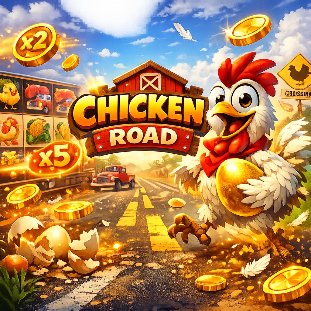 Bright and dynamic promotional image featuring Chicken Road slot game with funny chicken, road lanes, coins, and playful dang